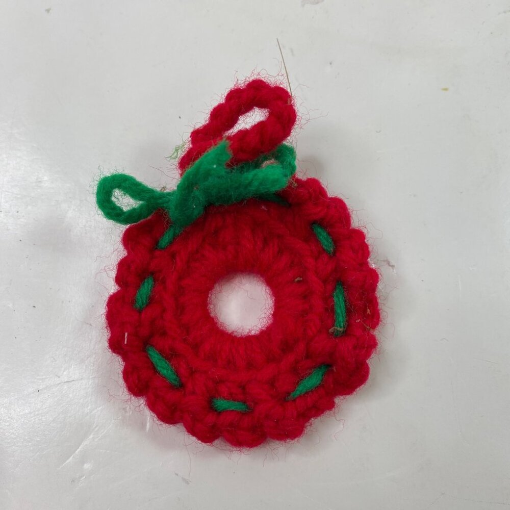 Crocheted Red & Green Christmas Ornament With Loop & Bow